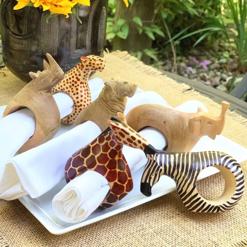 SET OF SIX MAHOGANY WOOD ANIMAL NAPKIN RINGS