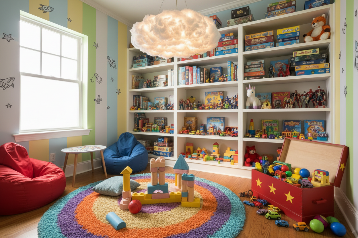 Image of a child's room with a free standing clothing rack and unicorn on the wall. 