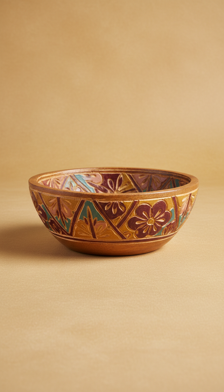 Carved Wooden Decorative Bowl with Tribal Motif
