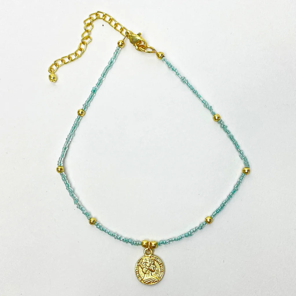 Baby Blue Glass Bead Choker with Brass Coin Pendant