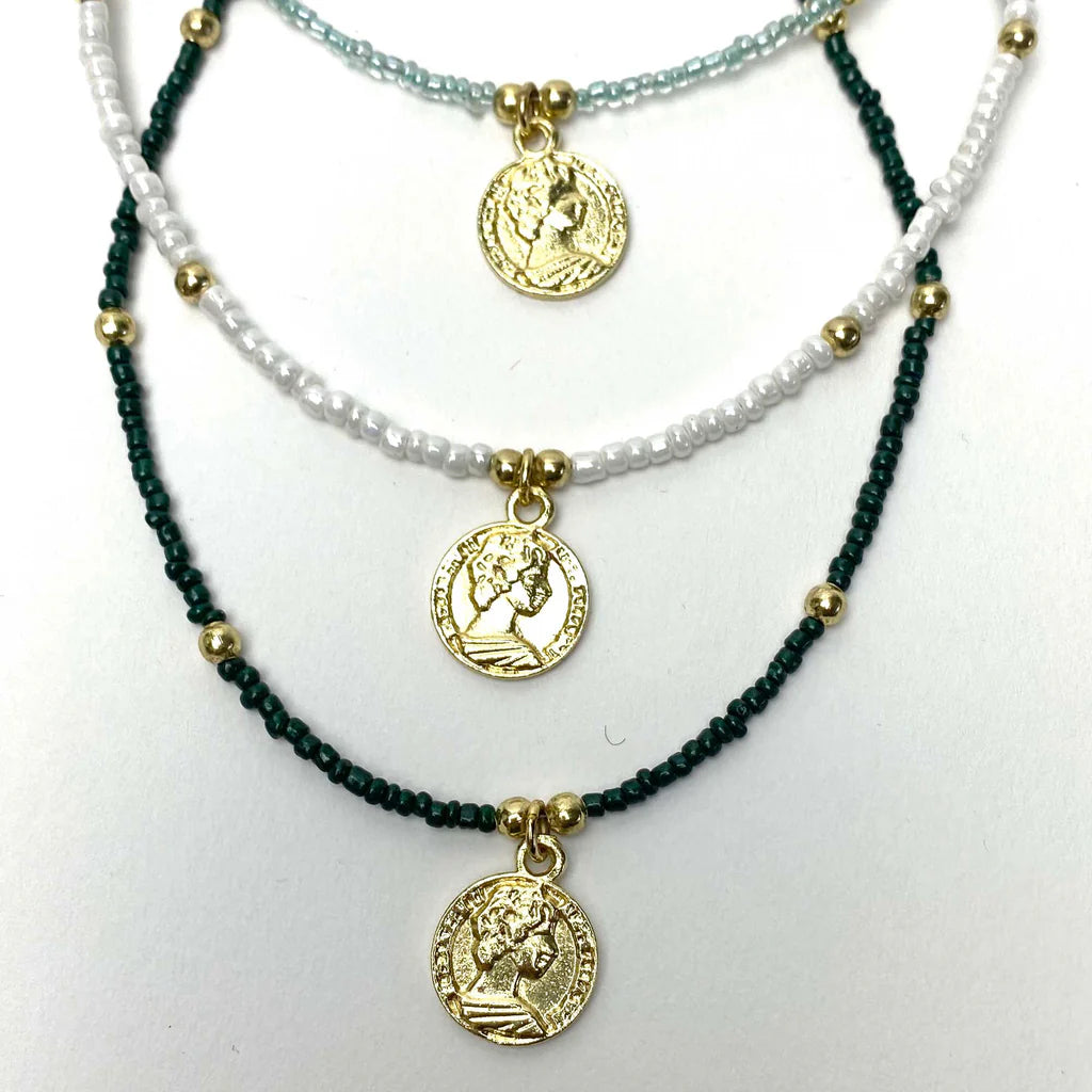 Baby Blue Glass Bead Choker with Brass Coin Pendant