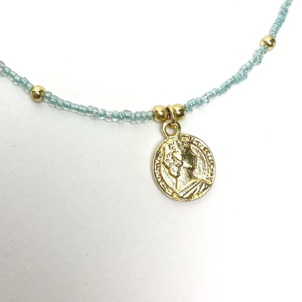 Baby Blue Glass Bead Choker with Brass Coin Pendant