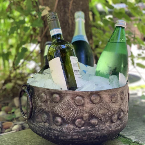 Handcrafted Large Hammered Metal Container with Round Handles – Boho Home Decor