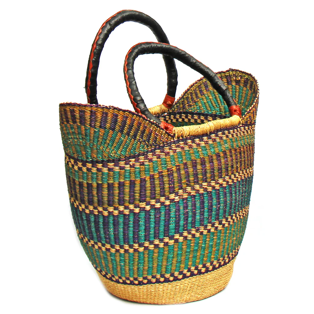 Bolga Market Tote Basket with Leather Handle – 18 Inch, Mixed Colors – Fair Trade Ghana