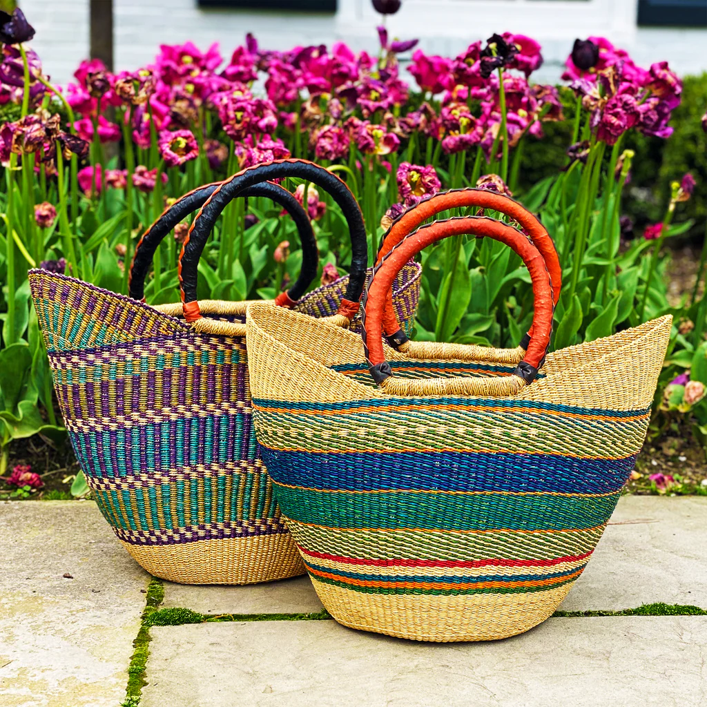 BOLGA TOTE, MIXED COLORS WITH LEATHER HANDLE - 18-INCH