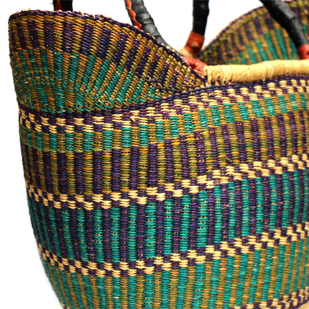 Bolga Market Tote Basket with Leather Handle – 18 Inch, Mixed Colors – Fair Trade Ghana