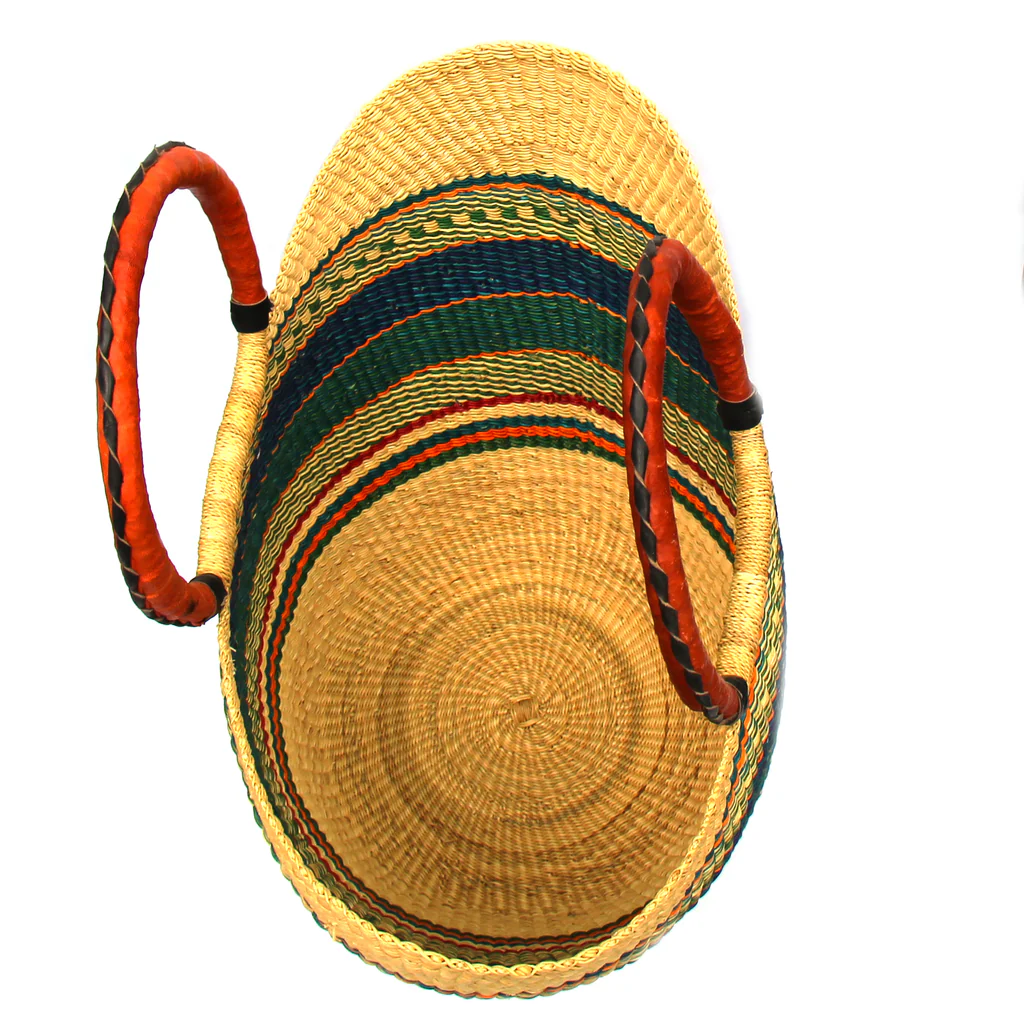 Bolga Market Tote Basket with Leather Handle – 18 Inch, Mixed Colors – Fair Trade Ghana
