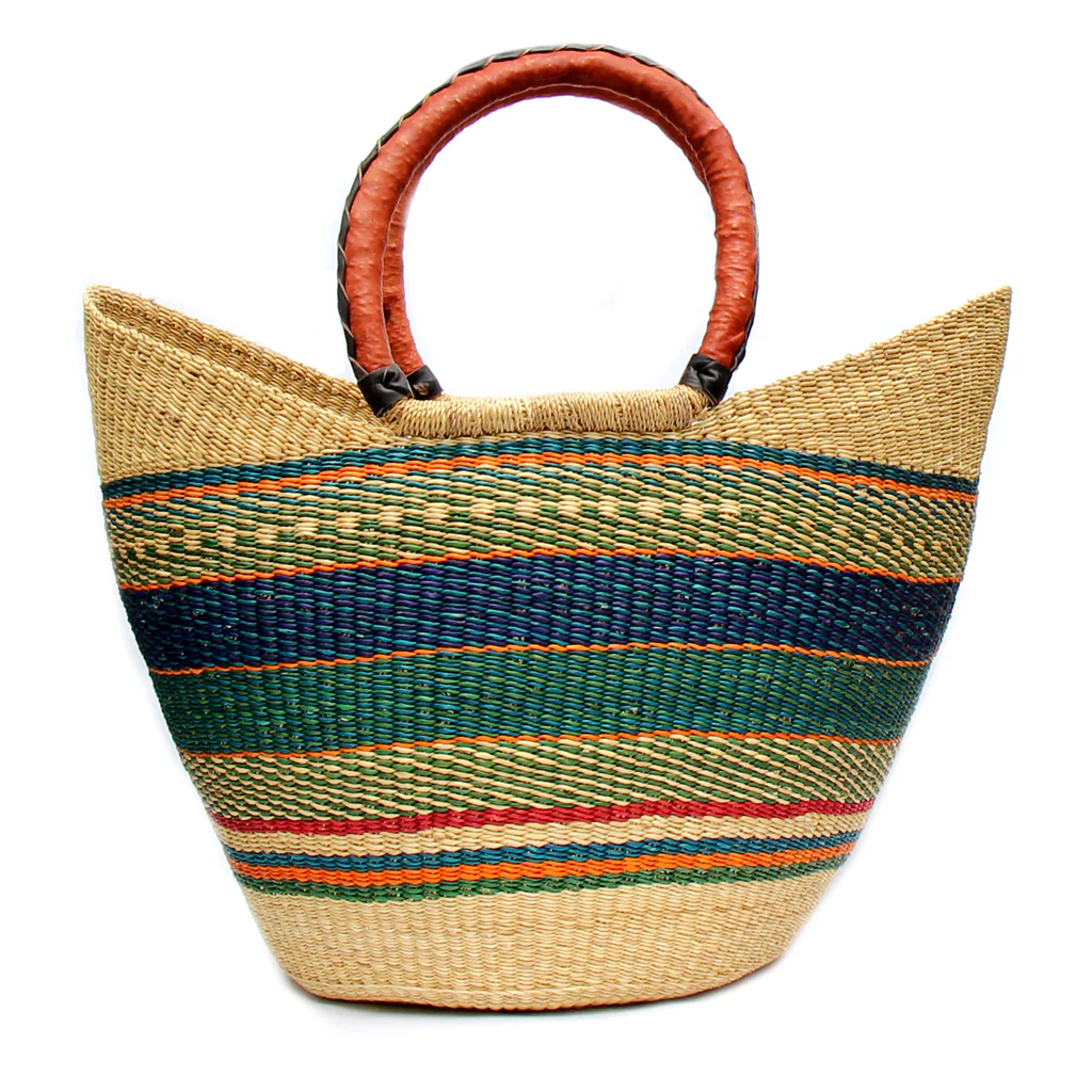 Bolga Market Tote Basket with Leather Handle – 18 Inch, Mixed Colors – Fair Trade Ghana