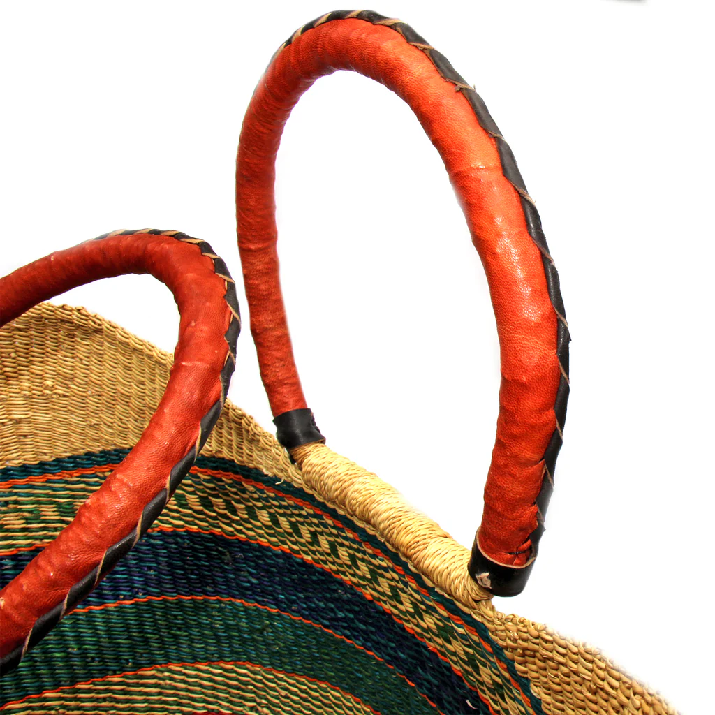 Bolga Market Tote Basket with Leather Handle – 18 Inch, Mixed Colors – Fair Trade Ghana