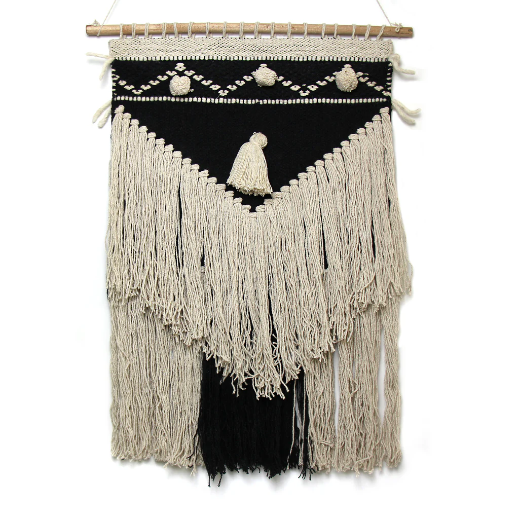 HANDWOVEN BOHO WALL HANGING, CHARCOAL & CREAM