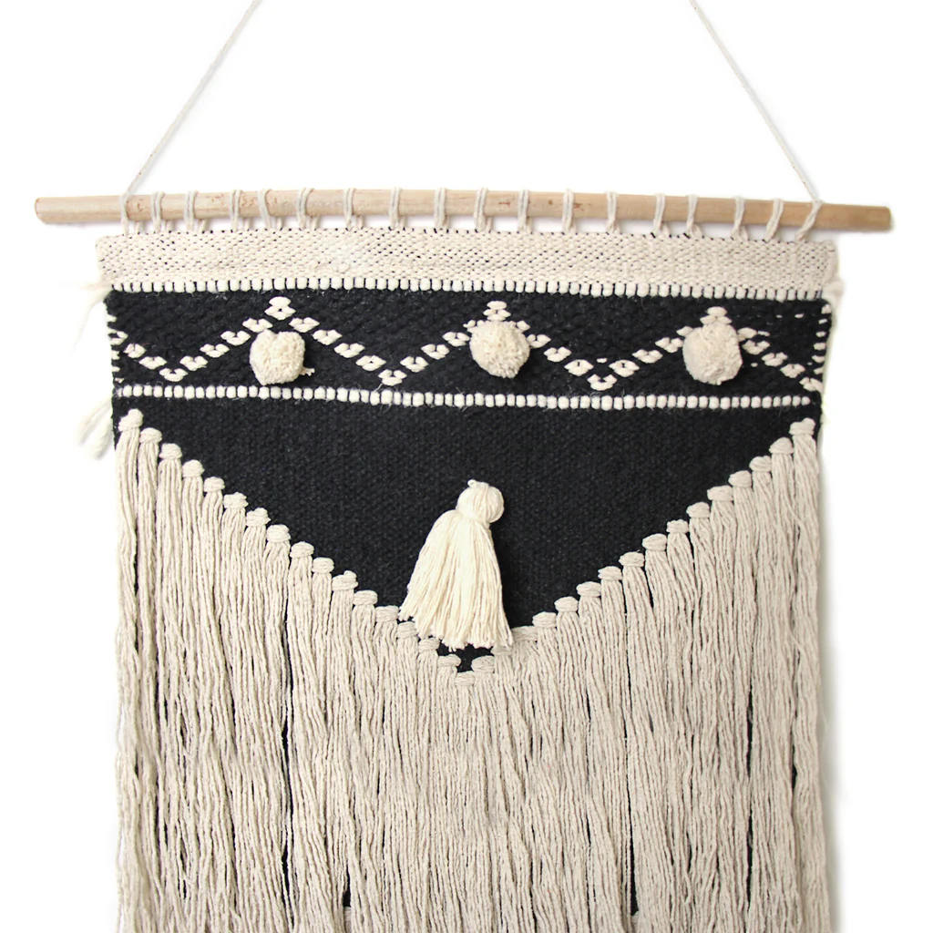 HANDWOVEN BOHO WALL HANGING, CHARCOAL & CREAM
