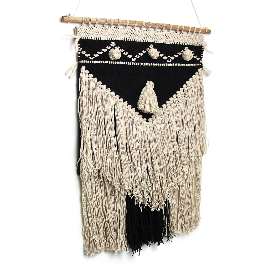 HANDWOVEN BOHO WALL HANGING, CHARCOAL & CREAM