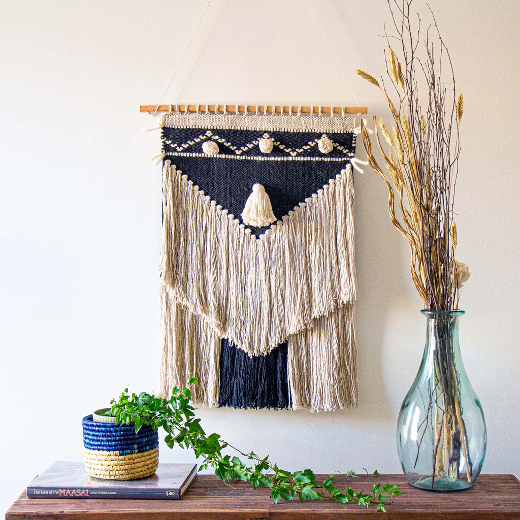 HANDWOVEN BOHO WALL HANGING, CHARCOAL & CREAM