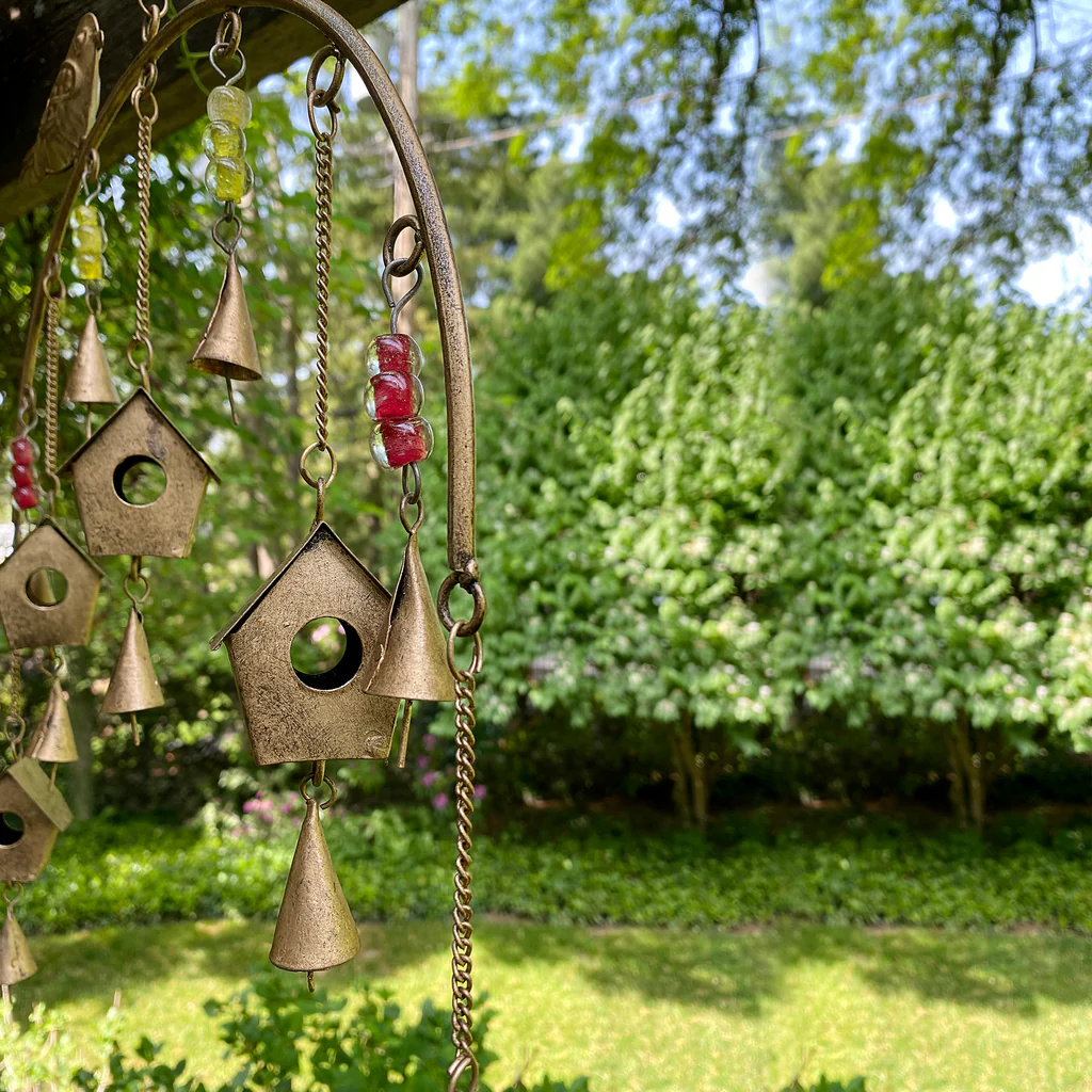 HANDCRAFTED BIRD CHIME, RECYCLED IRON AND GLASS BEADS