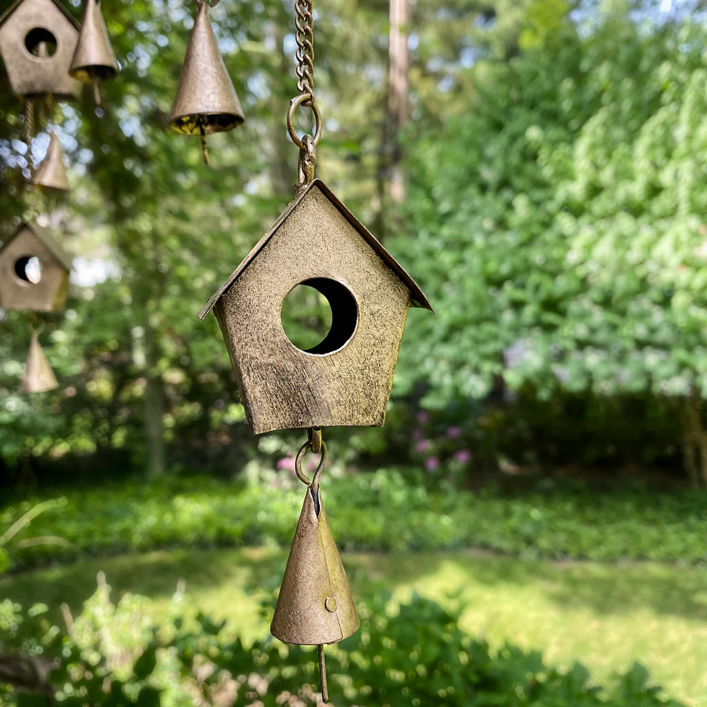 HANDCRAFTED BIRD CHIME, RECYCLED IRON AND GLASS BEADS