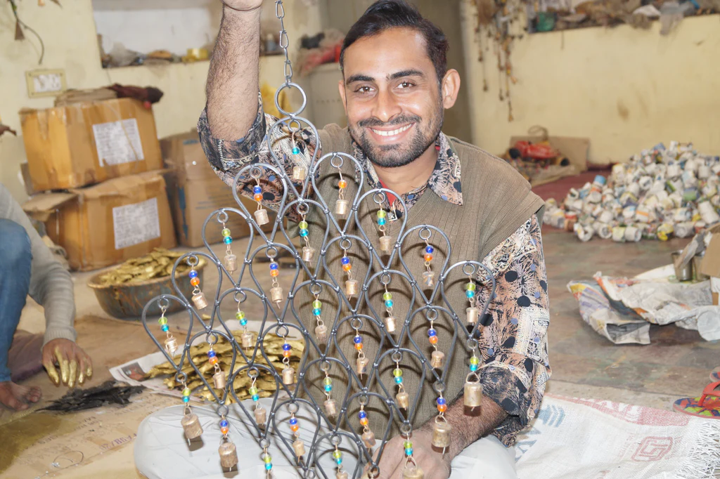 HANDCRAFTED BIRD CHIME, RECYCLED IRON AND GLASS BEADS
