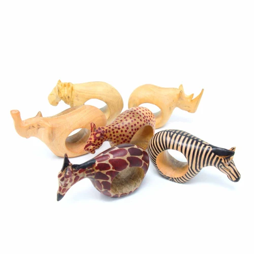 Set of Six Mahogany Wood Animal Napkin Rings