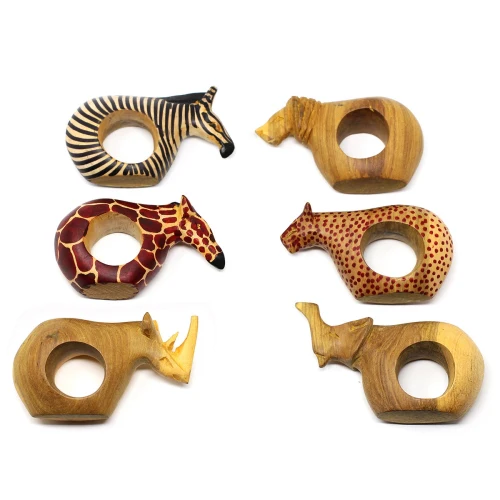 SET OF SIX MAHOGANY WOOD ANIMAL NAPKIN RINGS
