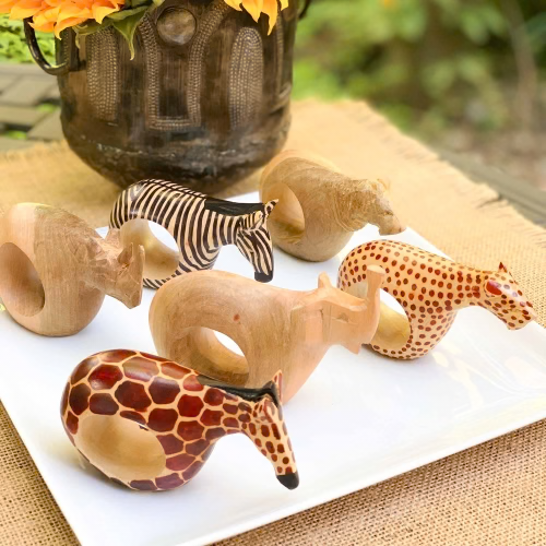Set of Six Mahogany Wood Animal Napkin Rings