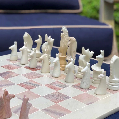 HAND CARVED SOAPSTONE ANIMAL CHESS SET - 15" BOARD