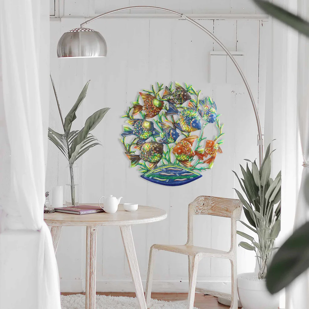 24-INCH PAINTED SCHOOL OF FISH METAL WALL ART