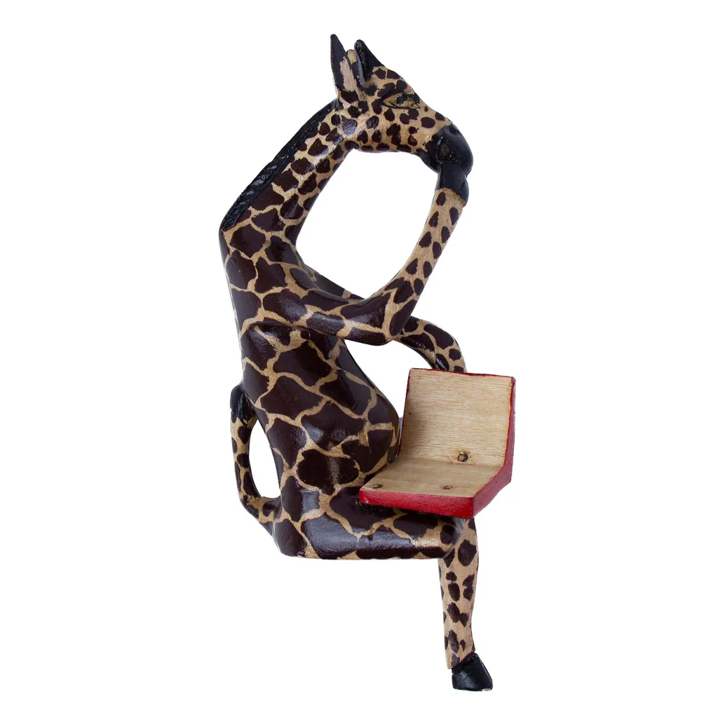 THINKING GIRAFFE CARVED JACARANDA WOOD SCULPTURE SHELF DECOR