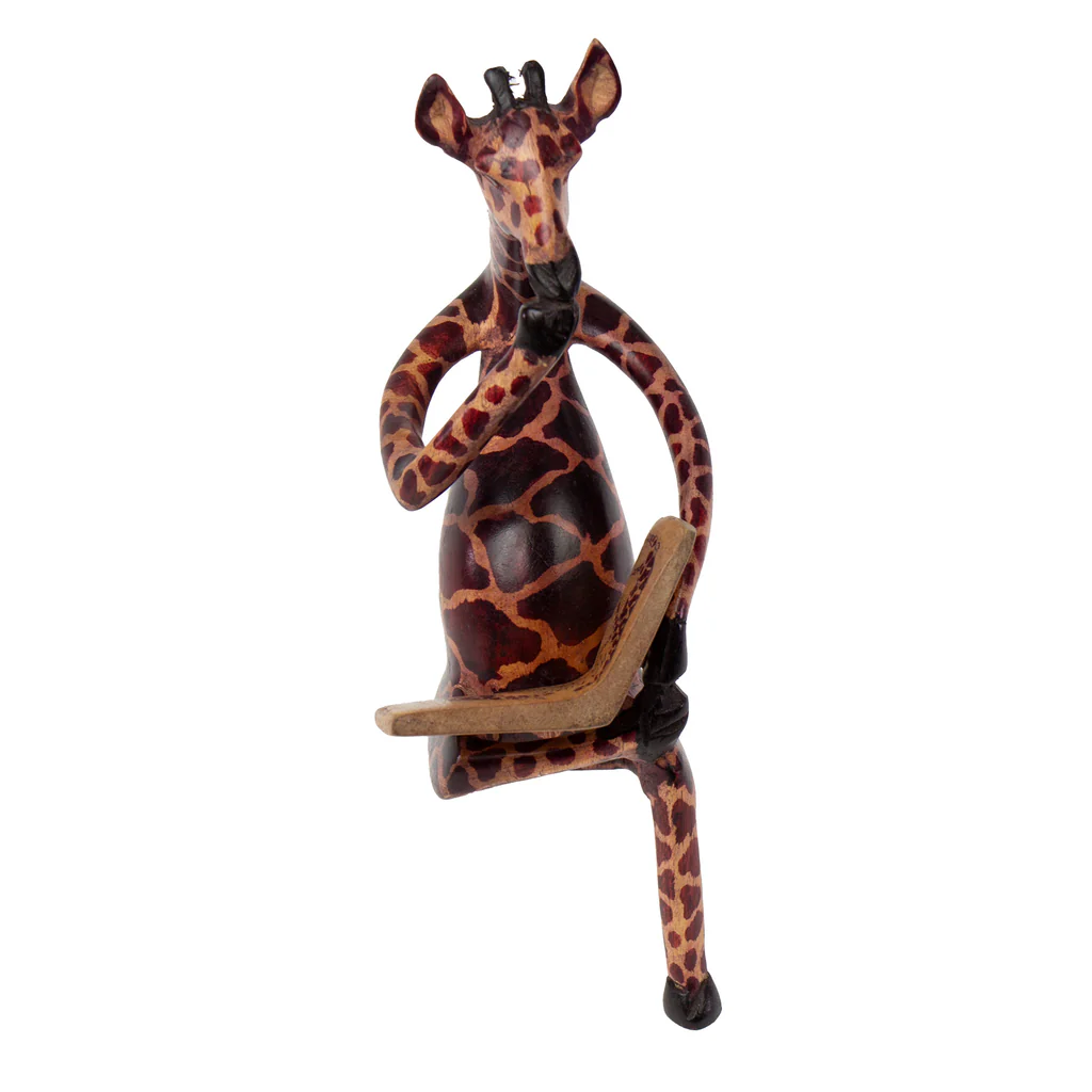 THINKING GIRAFFE CARVED JACARANDA WOOD SCULPTURE SHELF DECOR