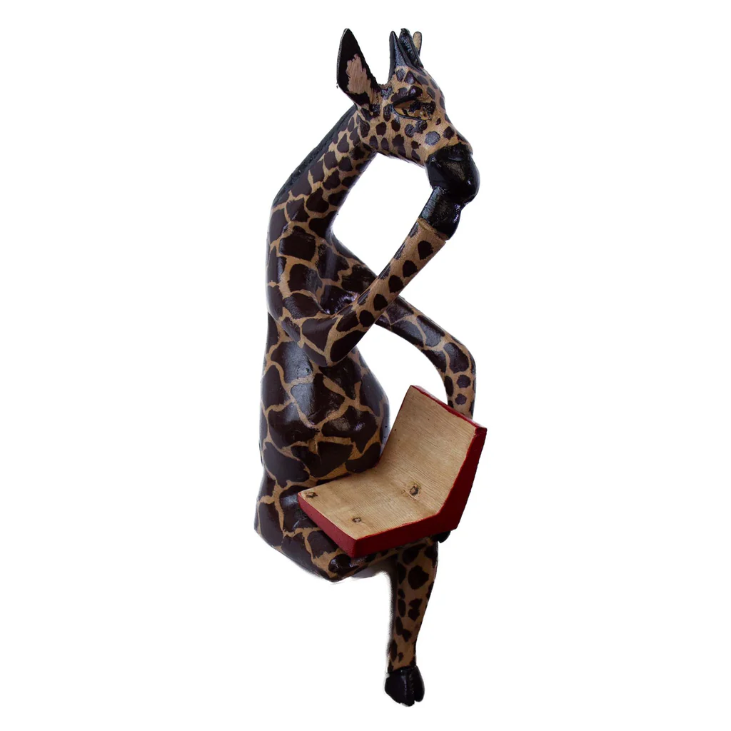 THINKING GIRAFFE CARVED JACARANDA WOOD SCULPTURE SHELF DECOR