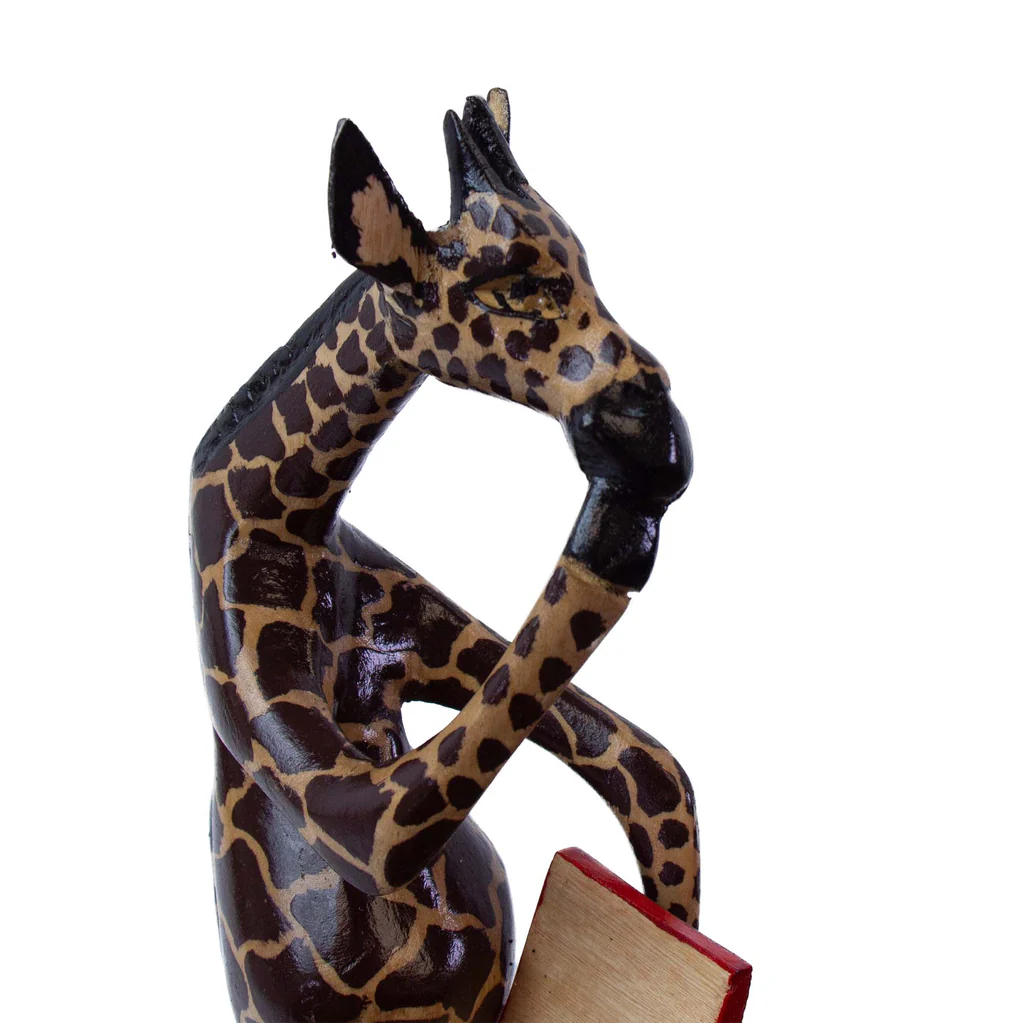 THINKING GIRAFFE CARVED JACARANDA WOOD SCULPTURE SHELF DECOR