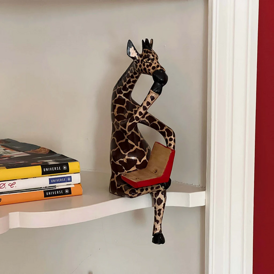 THINKING GIRAFFE CARVED JACARANDA WOOD SCULPTURE SHELF DECOR
