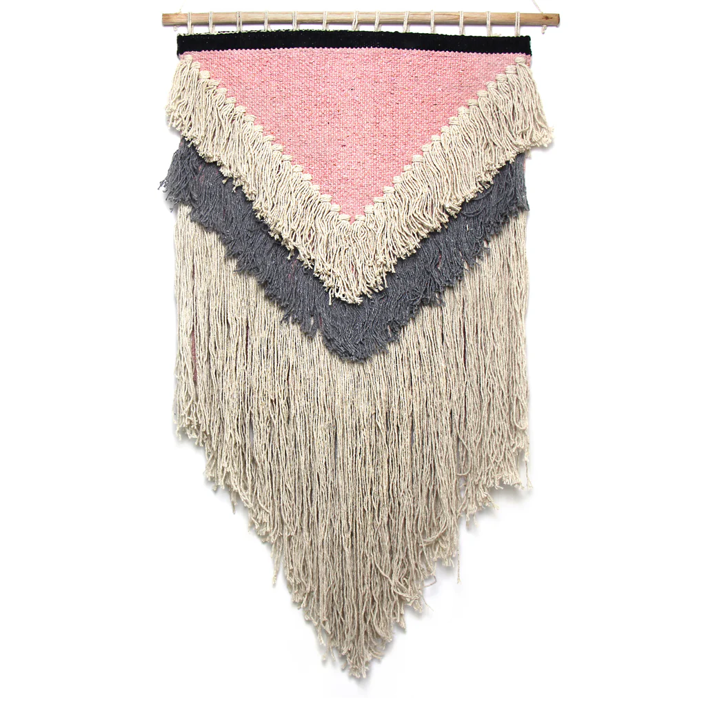 HANDWOVEN BOHO WALL HANGING, PINK WITH CREAM FRINGE