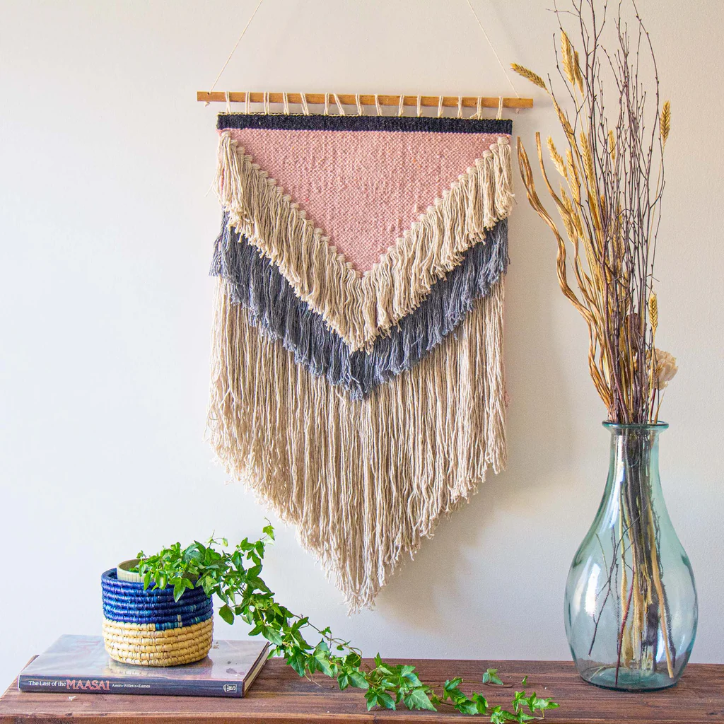 HANDWOVEN BOHO WALL HANGING, PINK WITH CREAM FRINGE