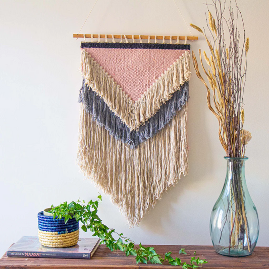 HANDWOVEN BOHO WALL HANGING, PINK WITH CREAM FRINGE