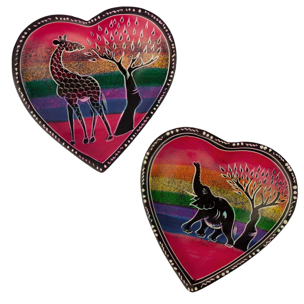 Set of African Soapstone Hand-Painted Heart Trinkets Dishes w/ Rainbow Safari Painting