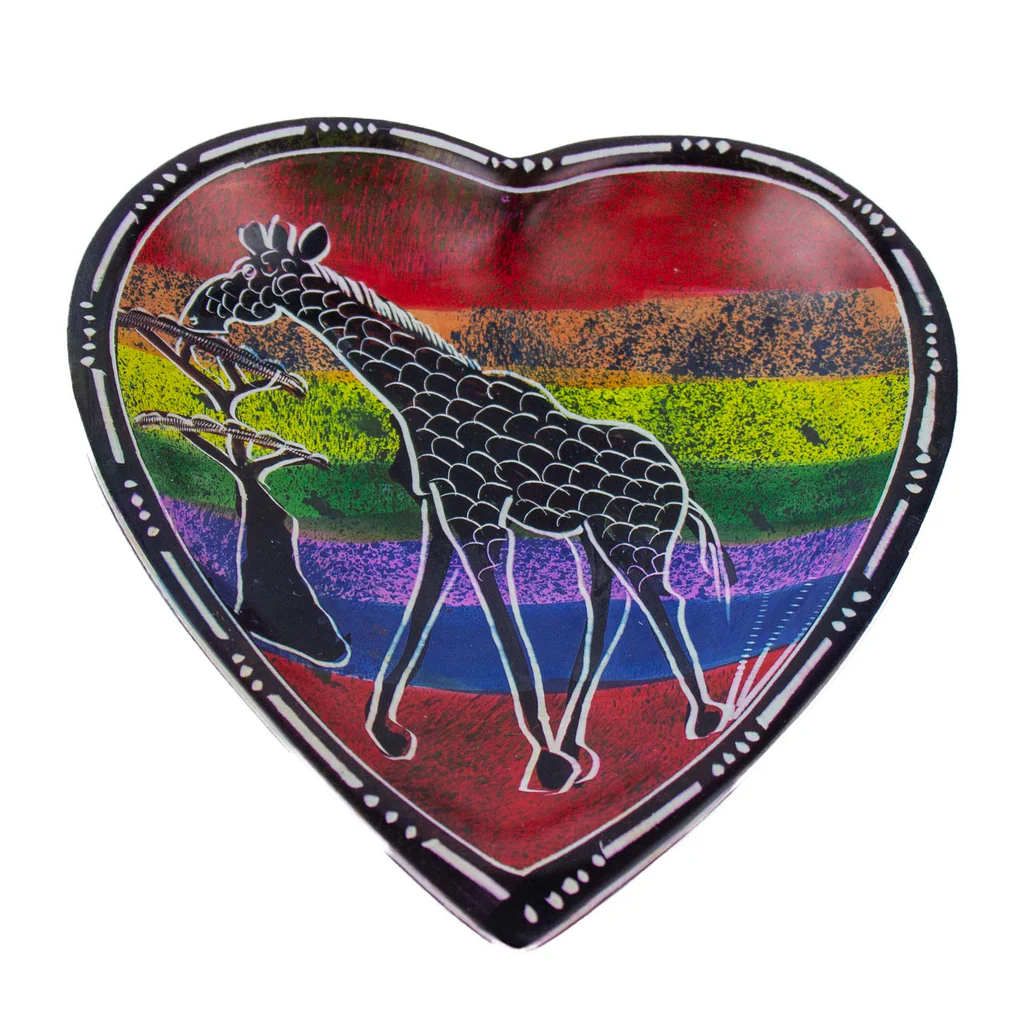Set of African Soapstone Hand-Painted Heart Trinkets Dishes w/ Rainbow Safari Painting