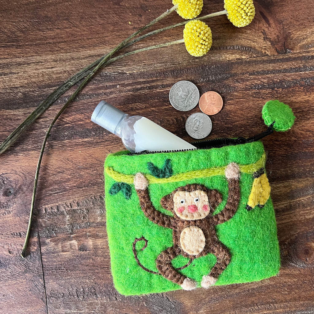 Handmade Felt Monkey Coin Purse – Fair Trade Artisan Zipper Pouch