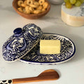 Handmade Pottery Butter Dish, Blue Flower
