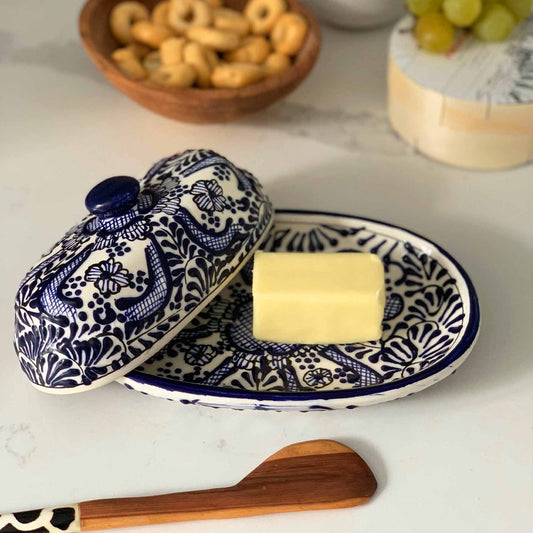 Handmade Pottery Butter Dish, Blue Flower