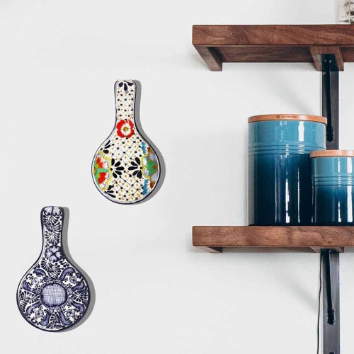 Handmade Pottery Spoon Rest, Blue Flower