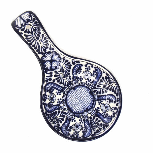 Handmade Pottery Spoon Rest, Blue Flower