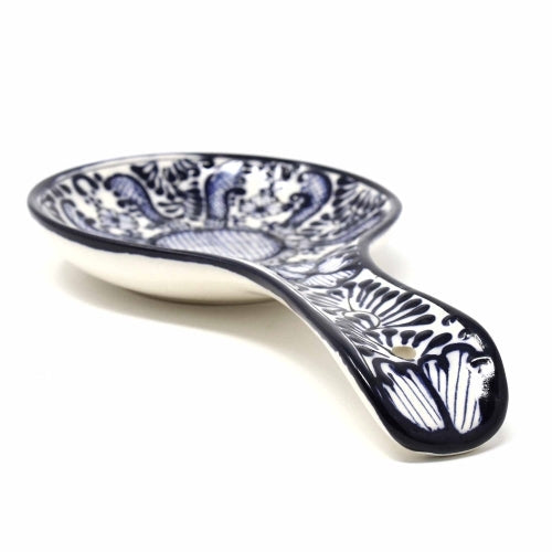 Handmade Pottery Spoon Rest, Blue Flower