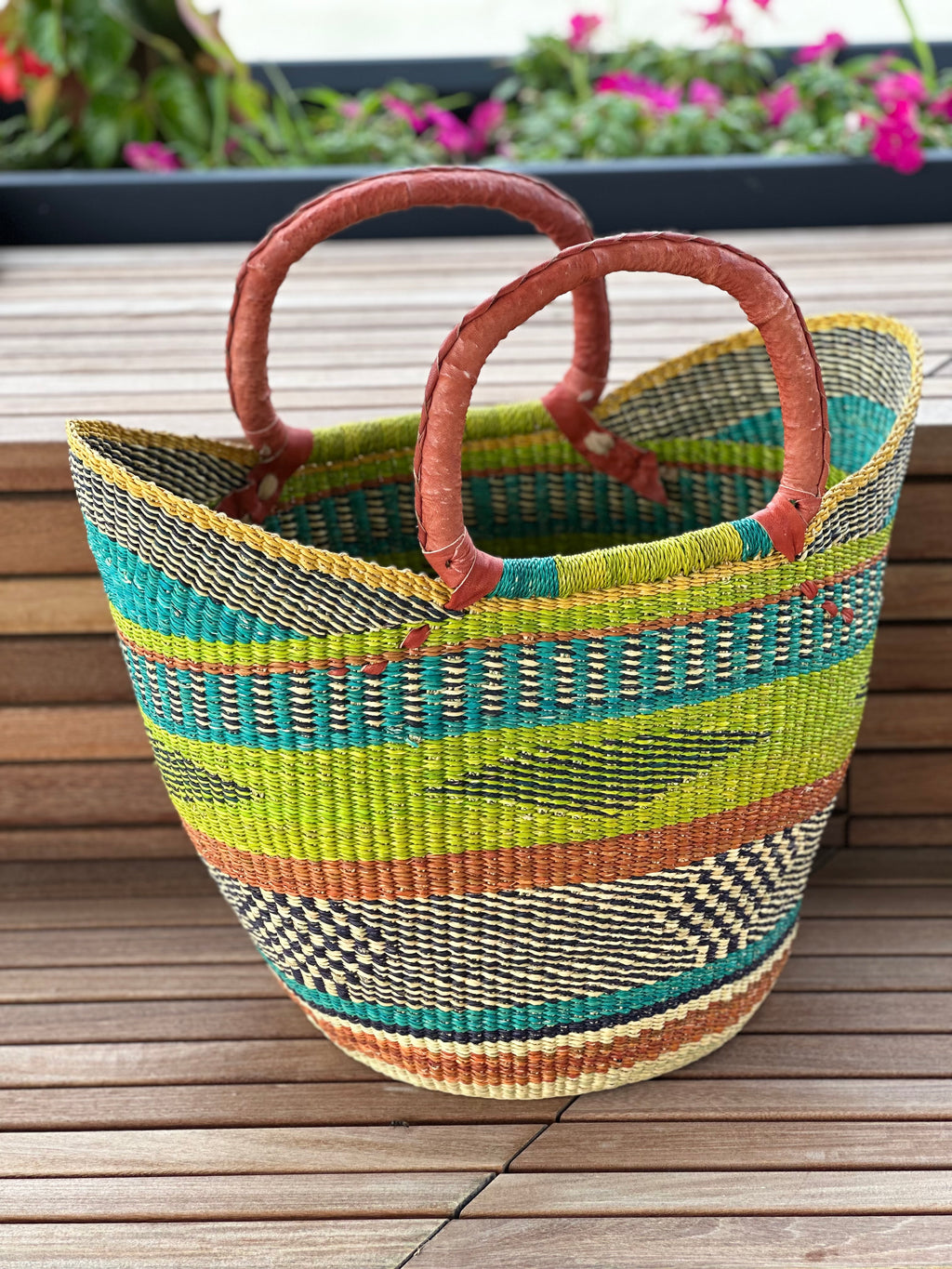 Bolga Market Tote Basket with Leather Handle – 18 Inch, Mixed Colors – Fair Trade Ghana