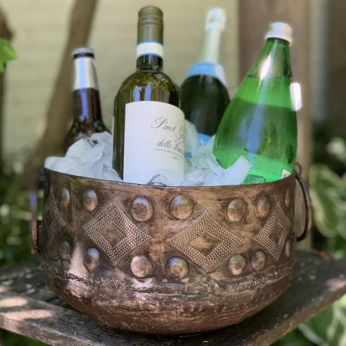 Handcrafted Large Hammered Metal Container with Round Handles – Boho Home Decor