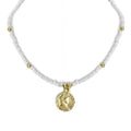White Glass Bead Choker with Brass Coin Pendant