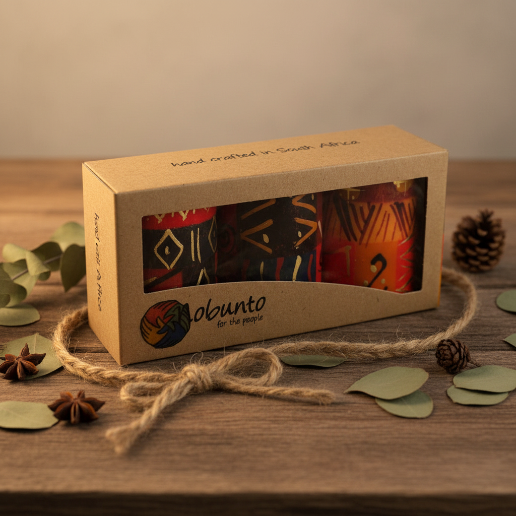 Boxed set of 3 candles sitting on a wood table with pinecones, star anise, and leaves. 