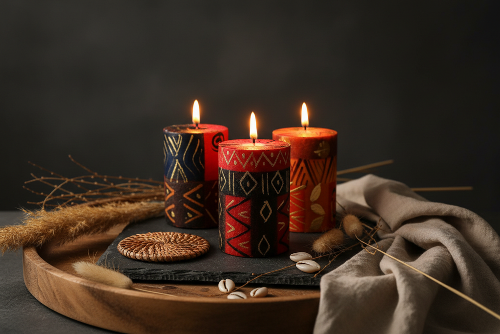 3 Bongazi candles colorully printed candles in earthy tones sitting on a stone slab atop a wooden tray. 
