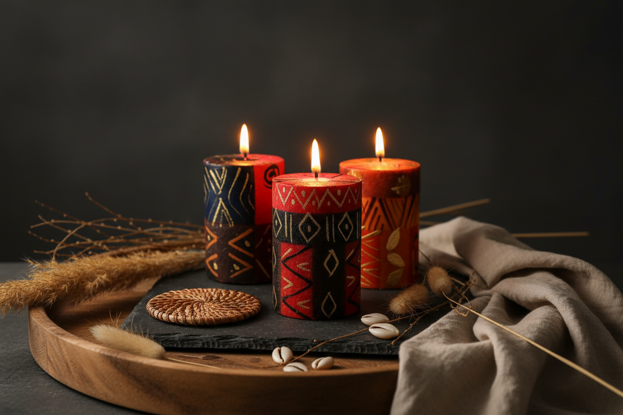 3 Bongazi candles colorully printed candles in earthy tones sitting on a stone slab atop a wooden tray. 