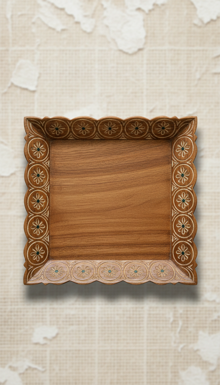 Carved Acacia Wood Serving Tray with Geometric Motif