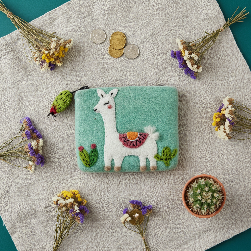 Flat Lay - Felt Happy Llama Coin Purse