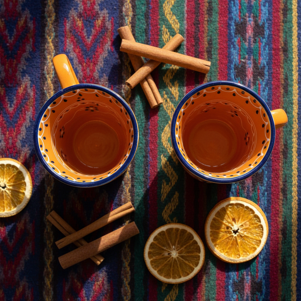Top-down flat lay of mango orange Mexican ceramic cups on a colorful woven textile with cinnamon sticks